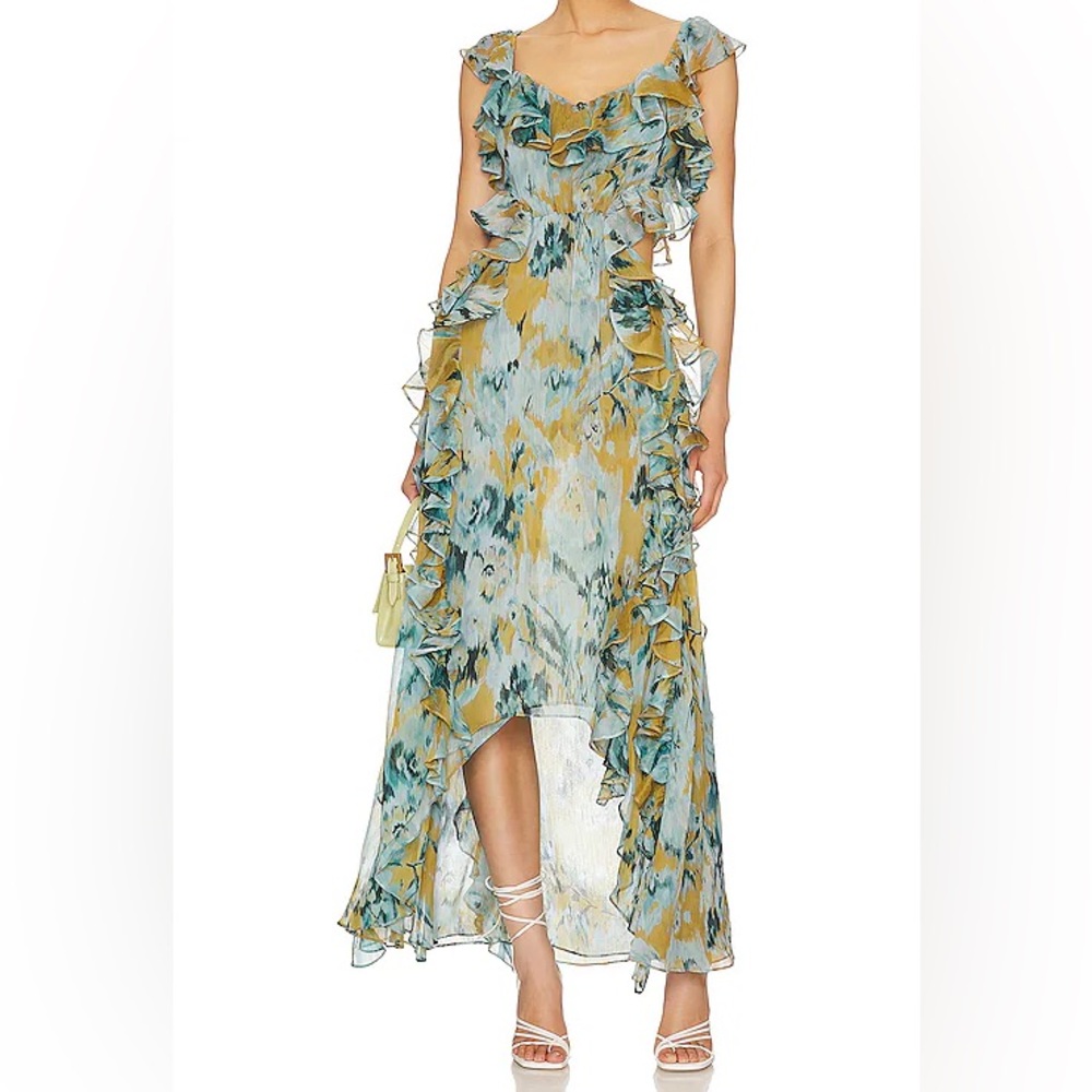 MISA Los Angeles Alessandra Sleeveless Ruffle Midi Dress Blue Yellow Medium